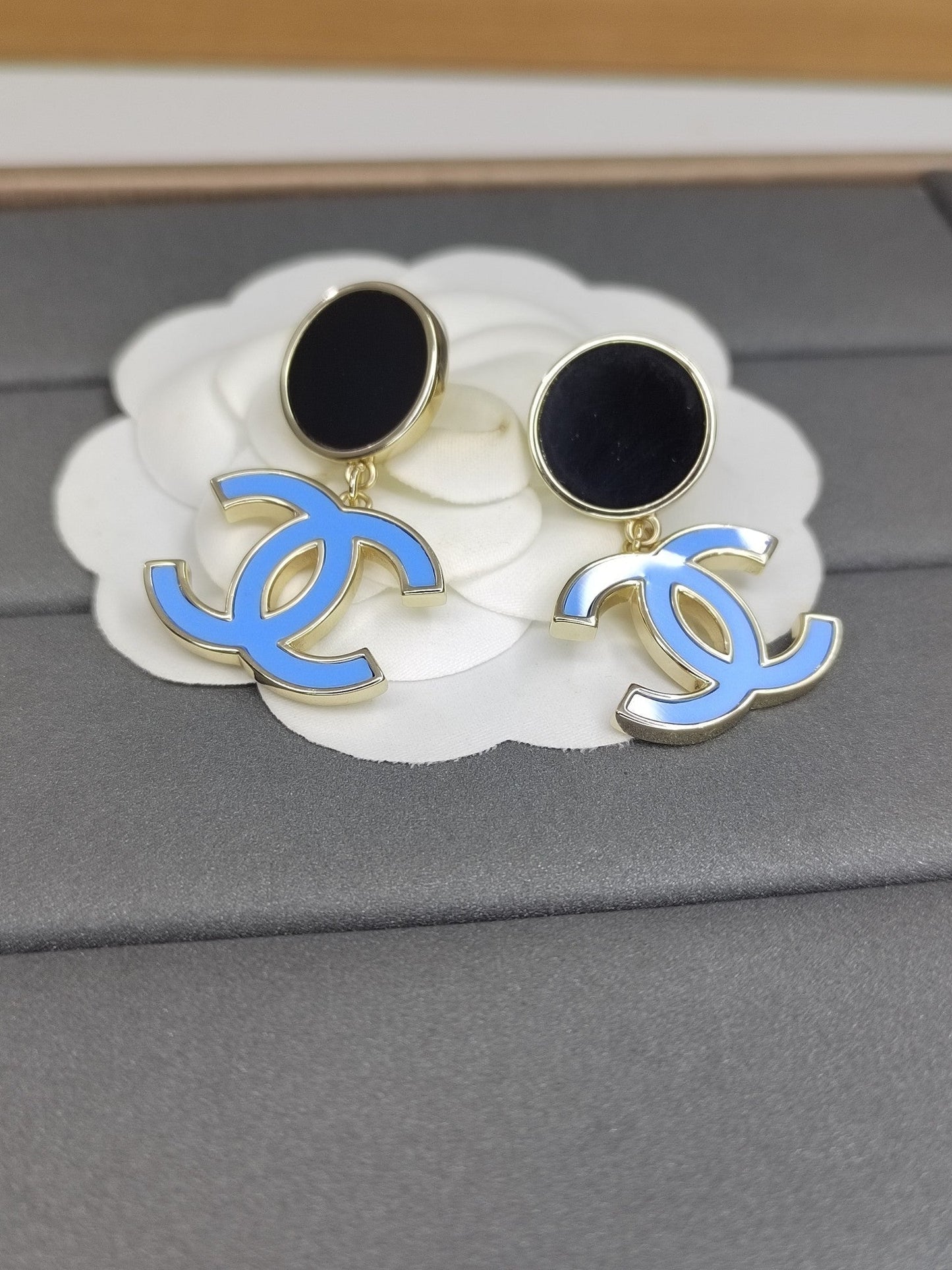 Chanel Classic Blue Dangle 18K Gold Earrings