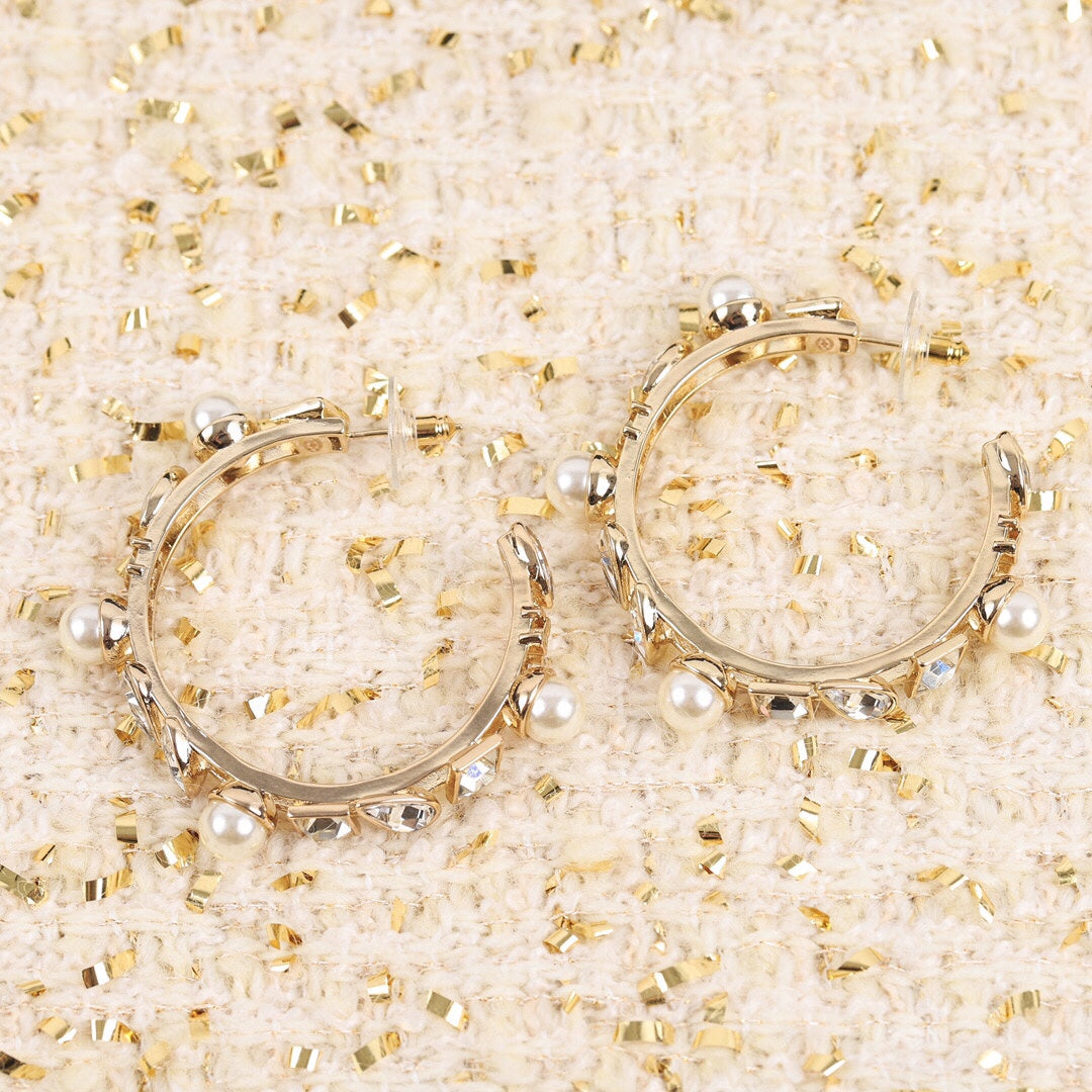Chanel Pearl Crystal 18K Gold Earrings