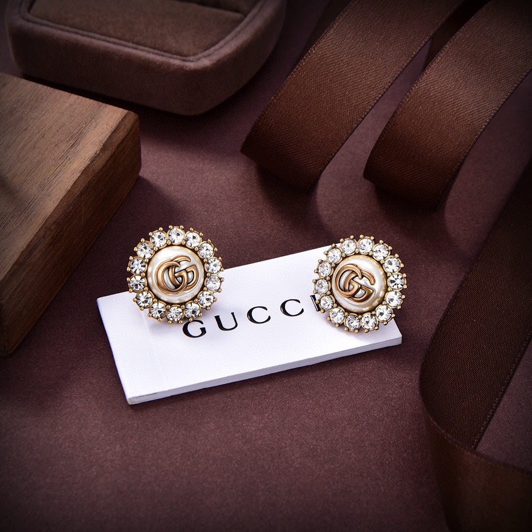Gucci Double Flower Crystals 18K Gold Earrings