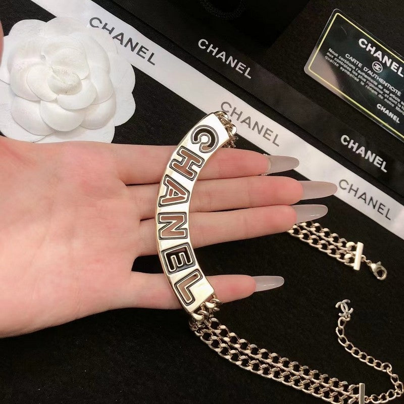 Chanel White Logo Choker 18K Gold Necklace