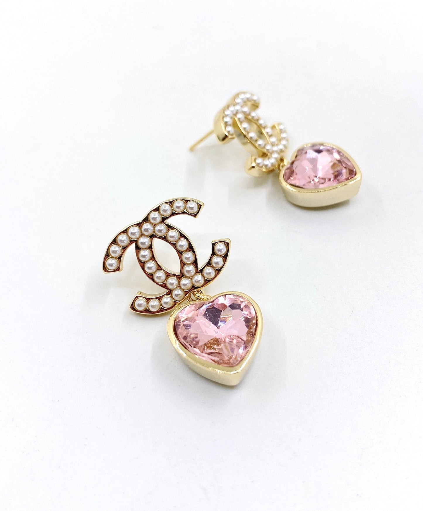 Chanel Pink Heart Crystal 18K Gold Earrings