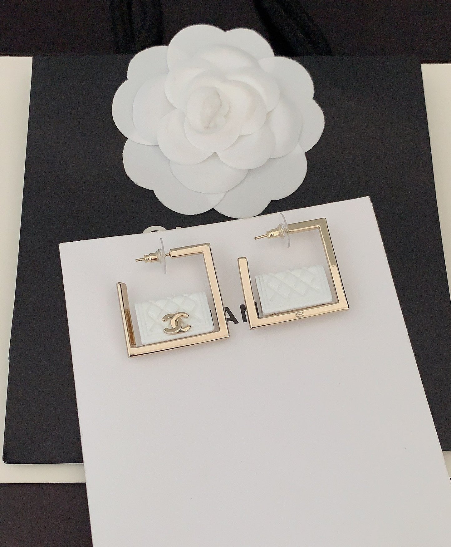Chanel White Bag Pendant 18K Gold Earrings