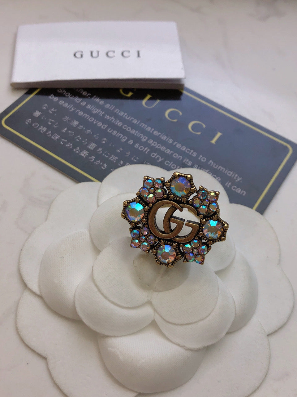 Gucci Double Crystal Flower 18K Gold Ring