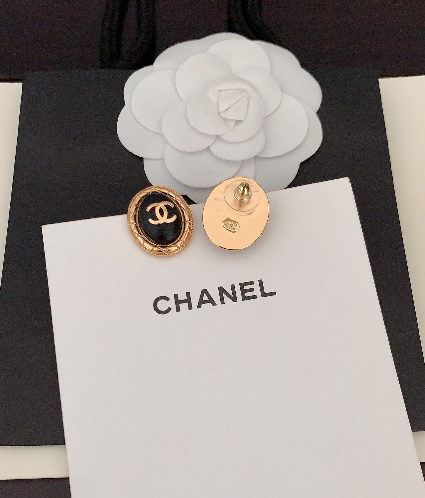 Chanel Oval Leather 18K Gold Earrings