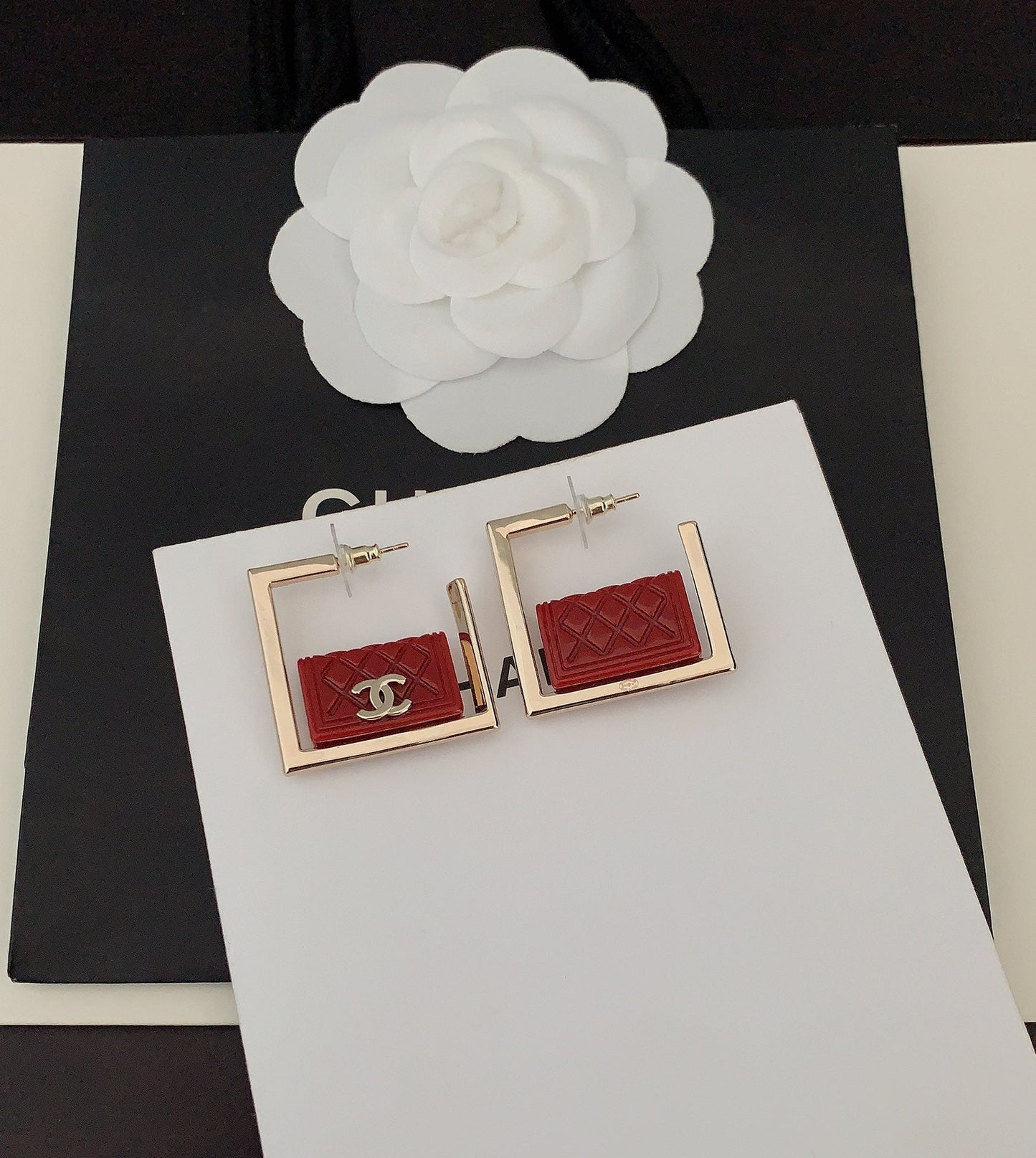 Red Bag Pendant 18K Gold Earrings