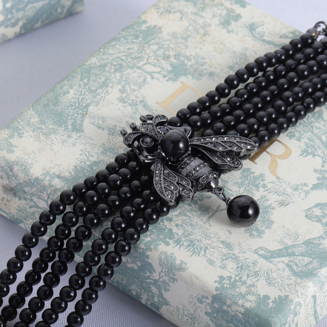 Dior Bee Black Pearls Chain 18K Gold Necklace