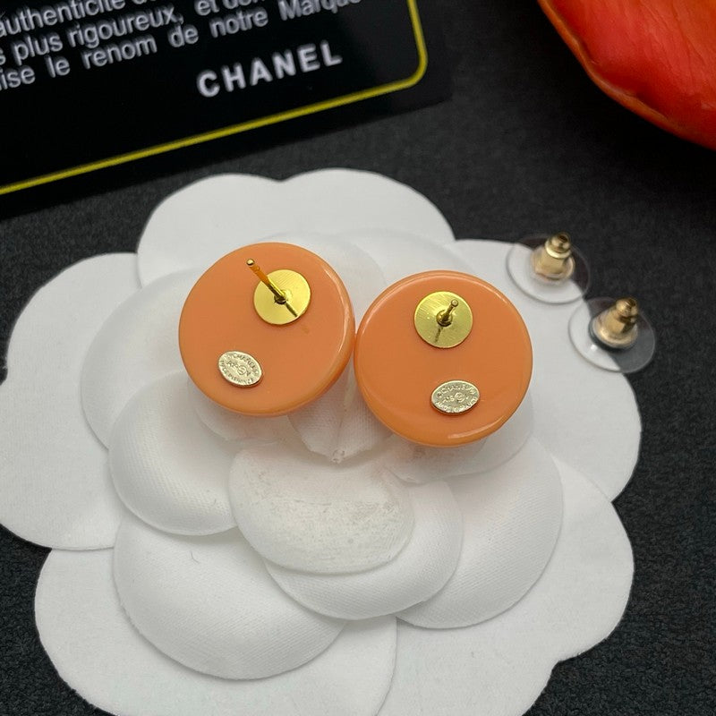Chanel Orange Round 18K Gold Earrings