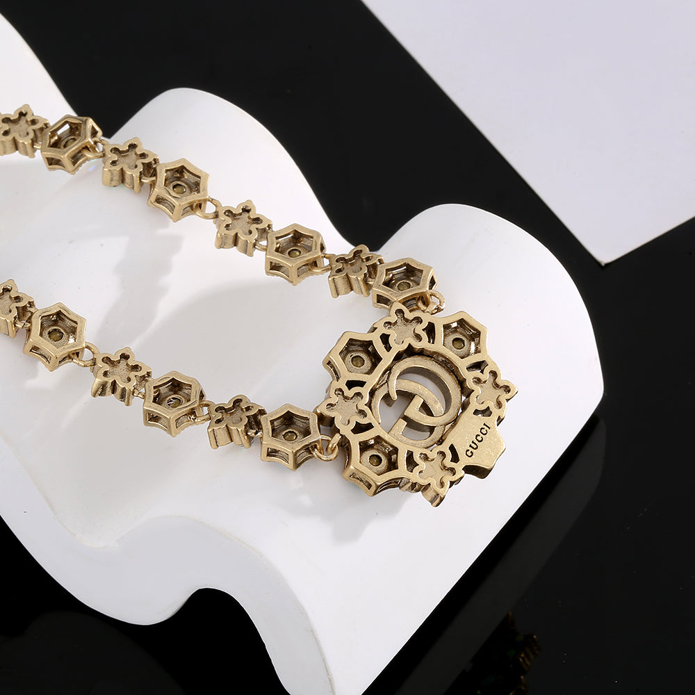 Gucci Double Crystals Chain Choker 18K Gold Necklace