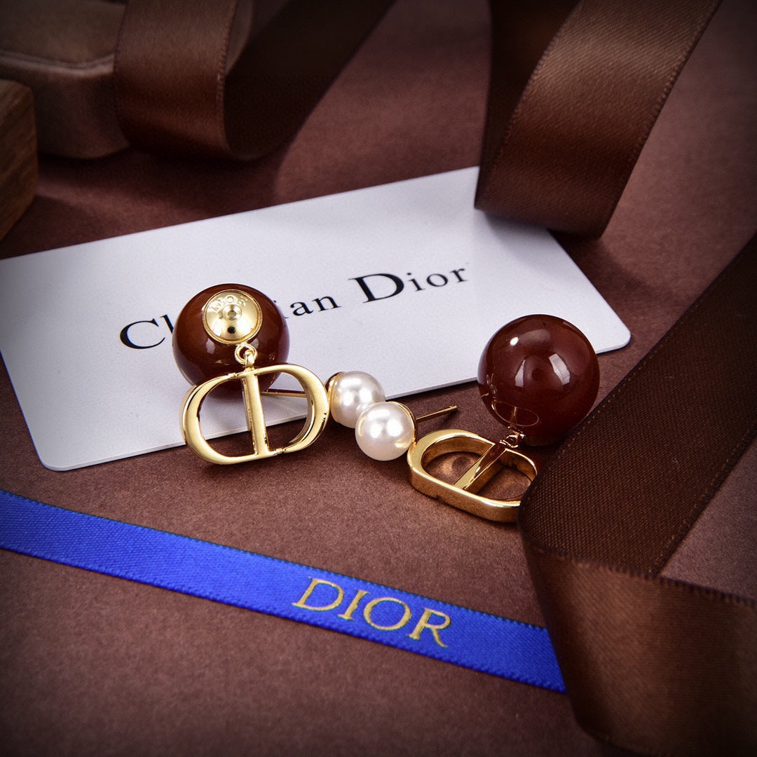 Dior Tribales Brown Resin Pearls 18K Gold Earrings