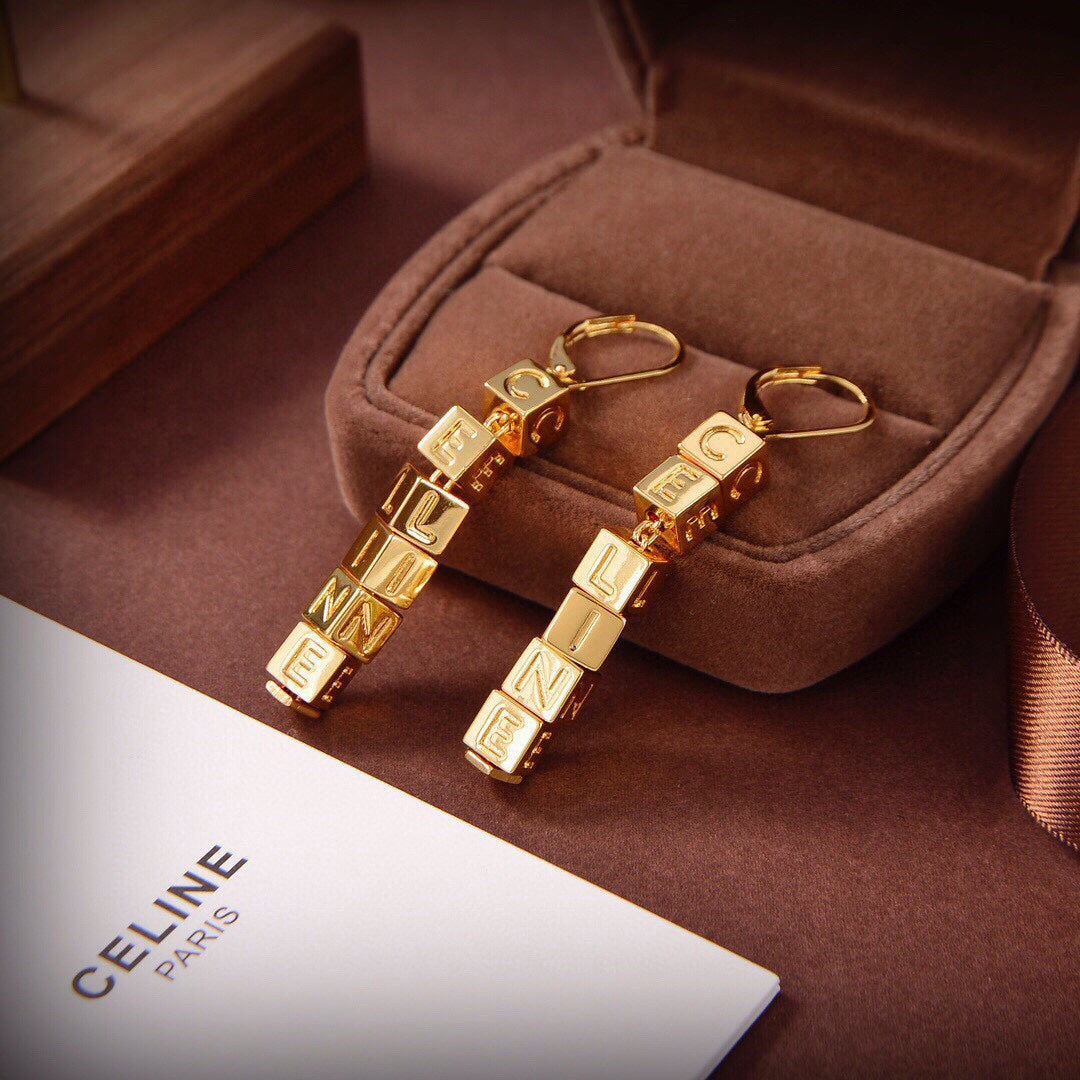 Celine Script Cube 18K Gold Earrings