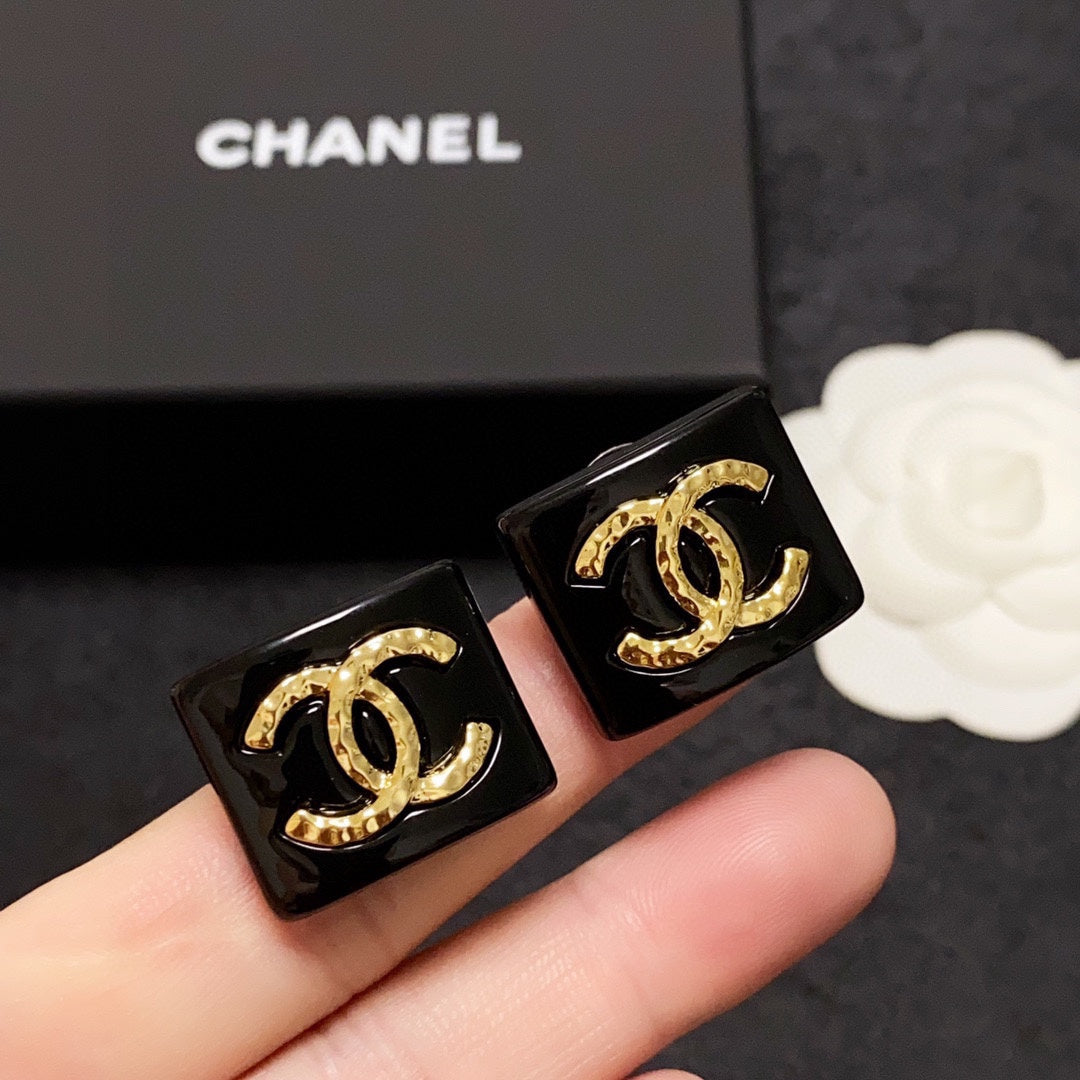 Chanel Black Resin Square 18K Gold Earrings