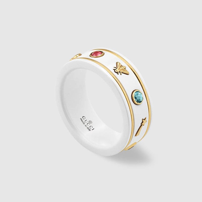 Gucci Double Icon With Gemstones White Zirconia 18K Gold Ring