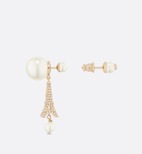 Dior Tribales Eiffel Tower Charm White Pearls 18K Gold Earrings