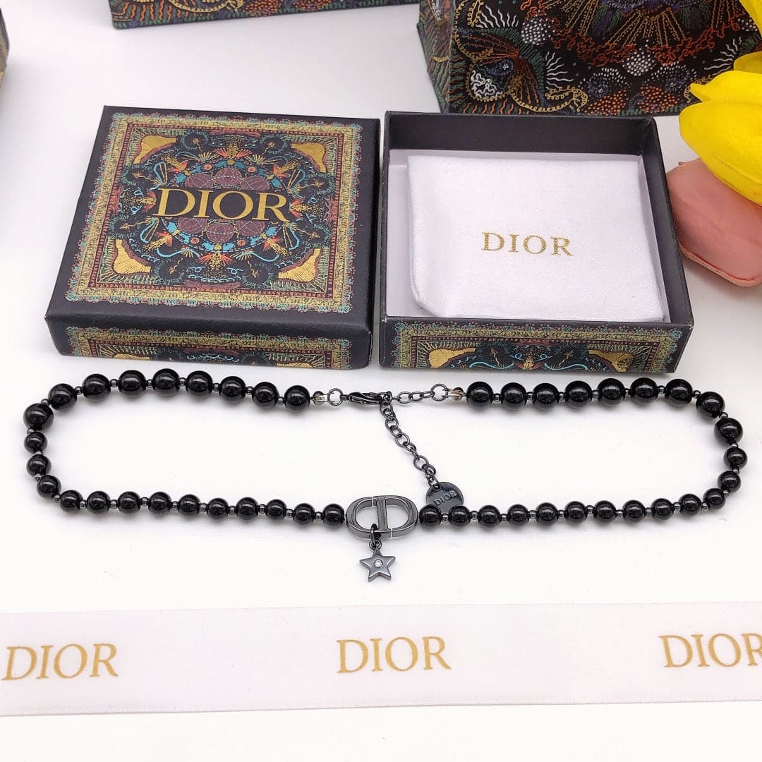 Dior Black Crystal Beads 18K Gold Necklace