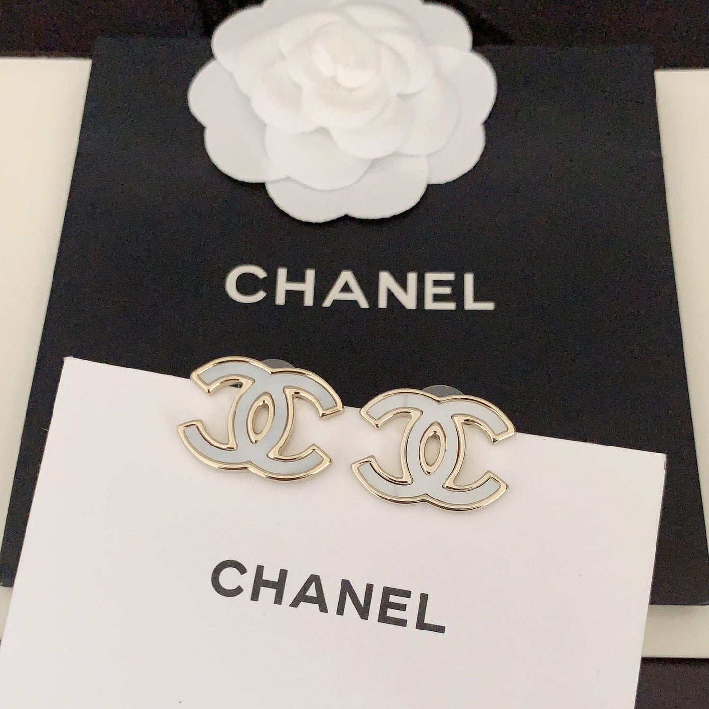Chanel Black & White 18K Gold Earrings