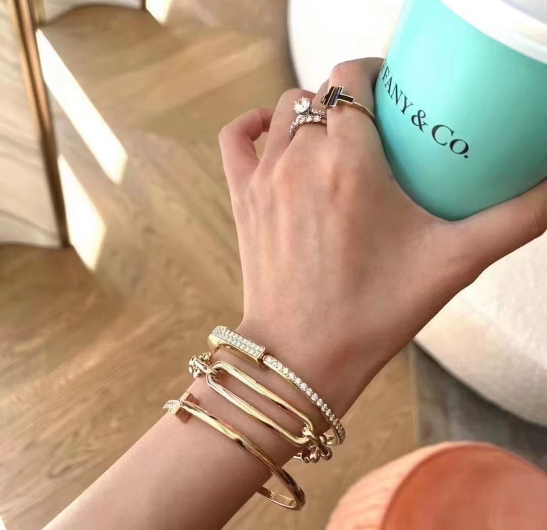Tiffany Lock Bangle Full Pave Diamonds 18K Gold Bracelet