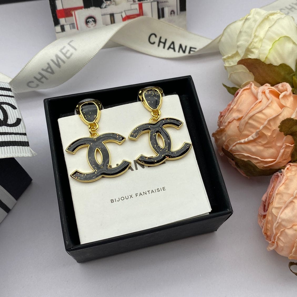 Chanel Classic Black Dangle 18K Gold Earrings