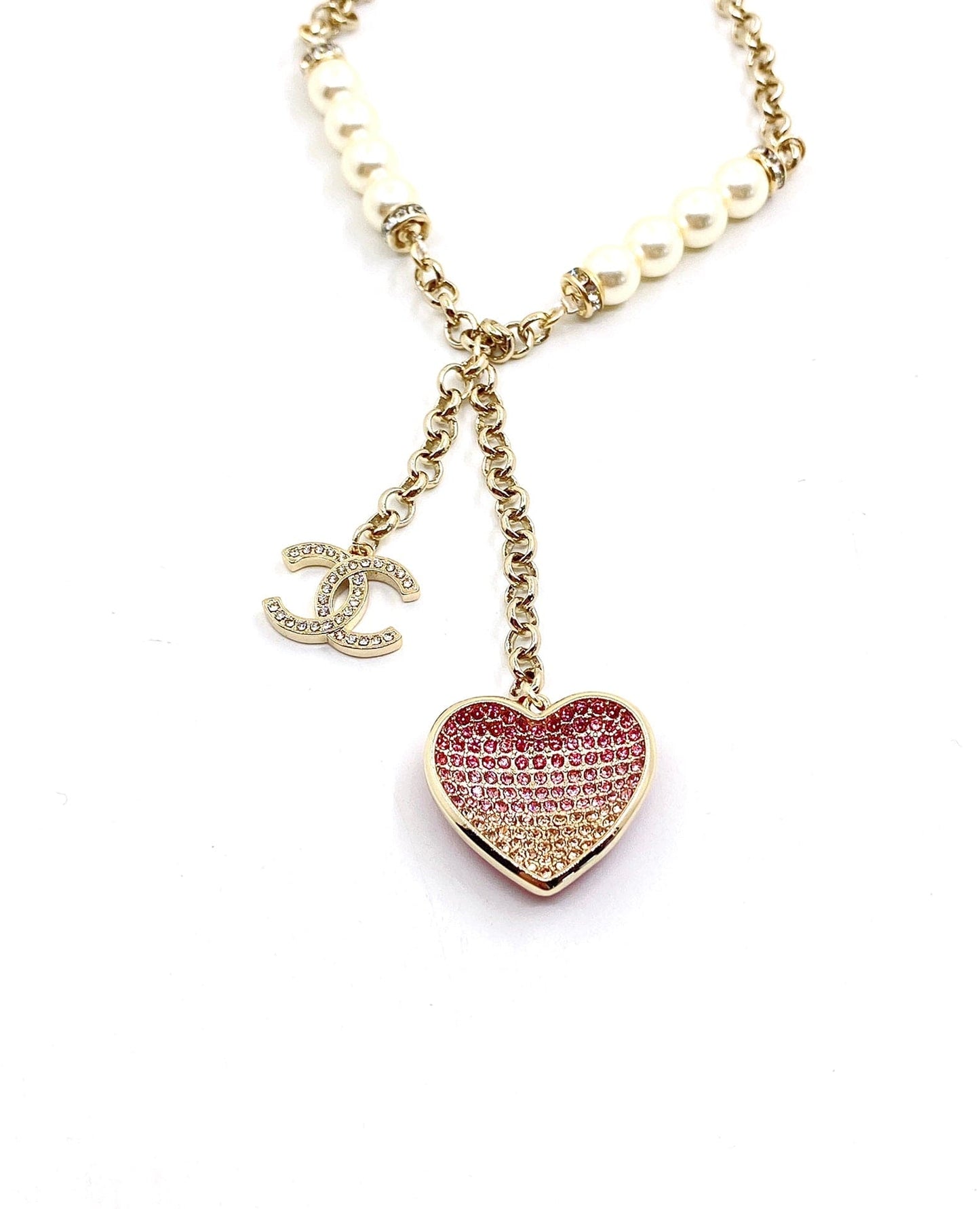 Chanel Pink Heart Diamonds 18K Gold Necklace