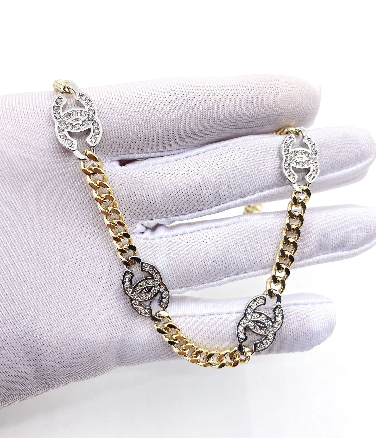 Chanel Crystal Chain Link 18K Gold Necklace