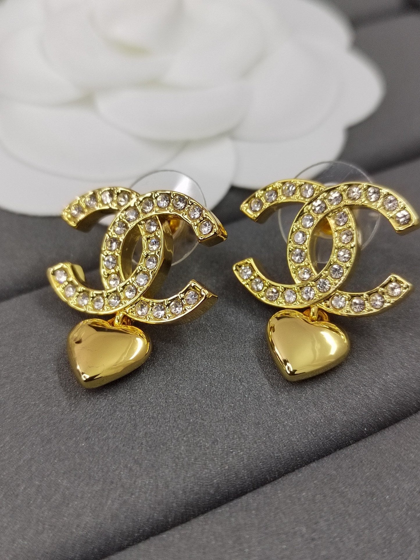 Chanel Classic Diamond Heart 18K Gold Earrings