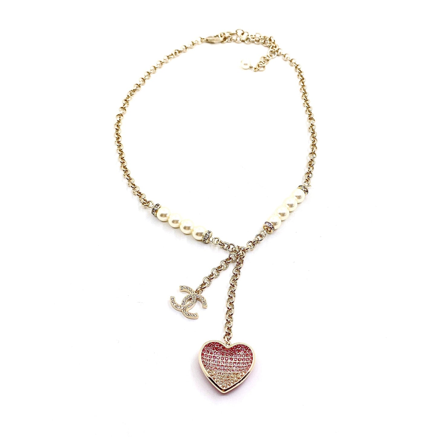 Chanel Pink Heart Diamonds 18K Gold Necklace