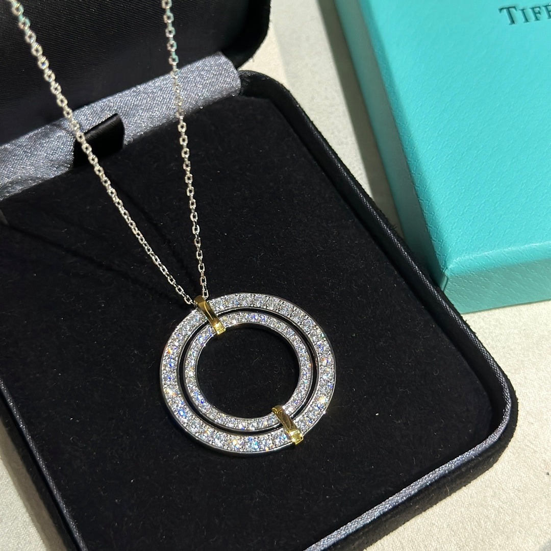 Tiffany Edge Circle Diamond Pendant 18K Gold Necklace