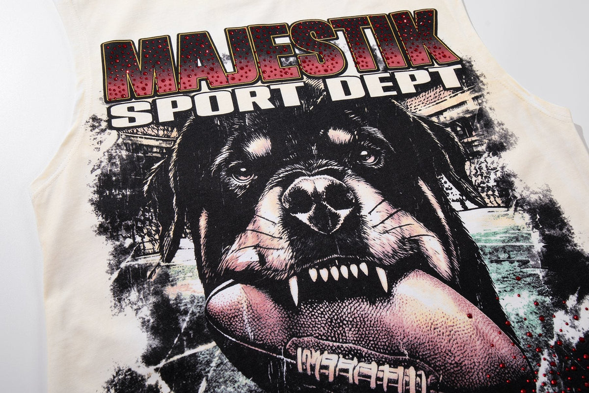 MAJESTIK Cream Distressed Rhinestone Sleeveless T-Shirt ¡ª detail
