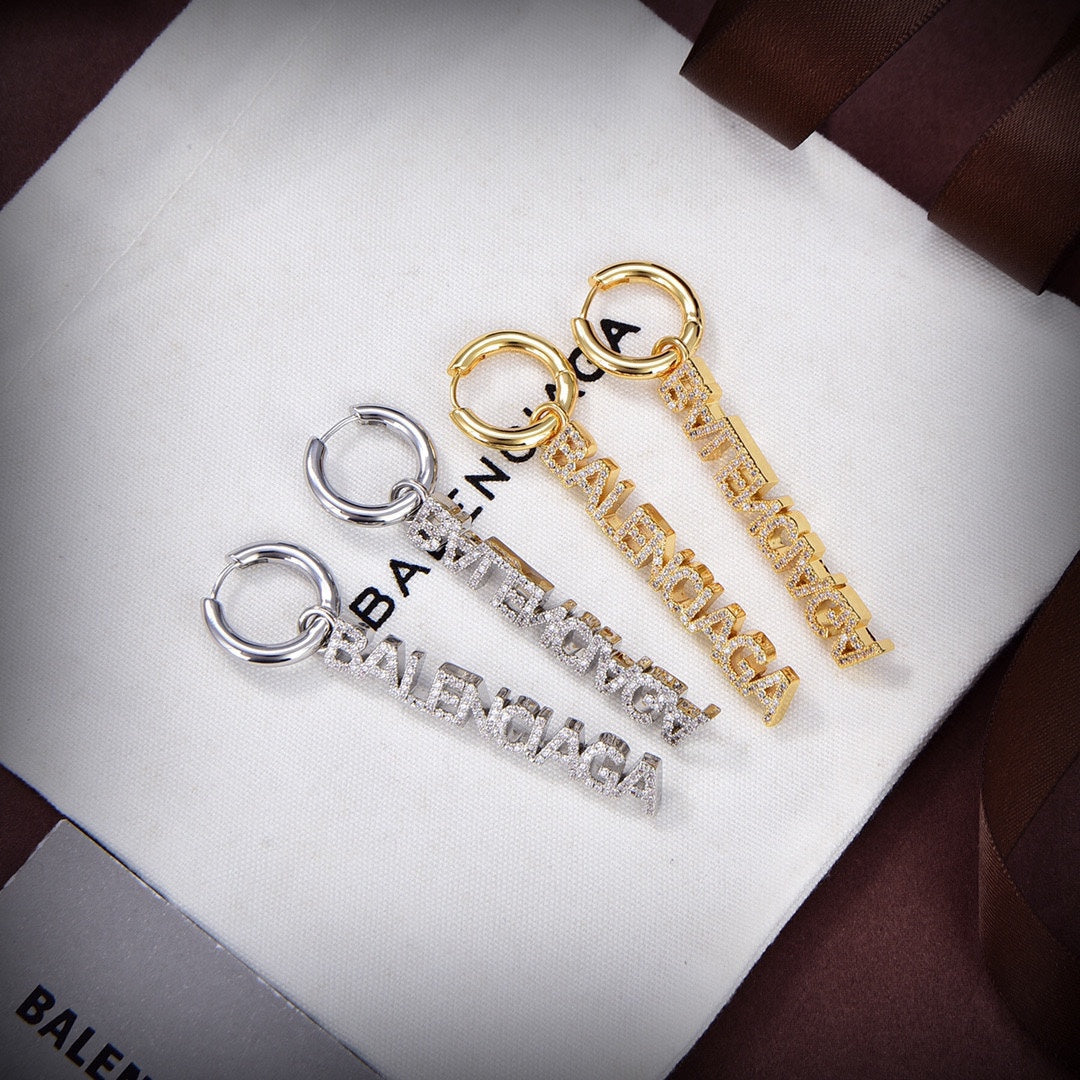 Balenciaga Typo Mirror Hoop Crystals 18K Gold Earrings