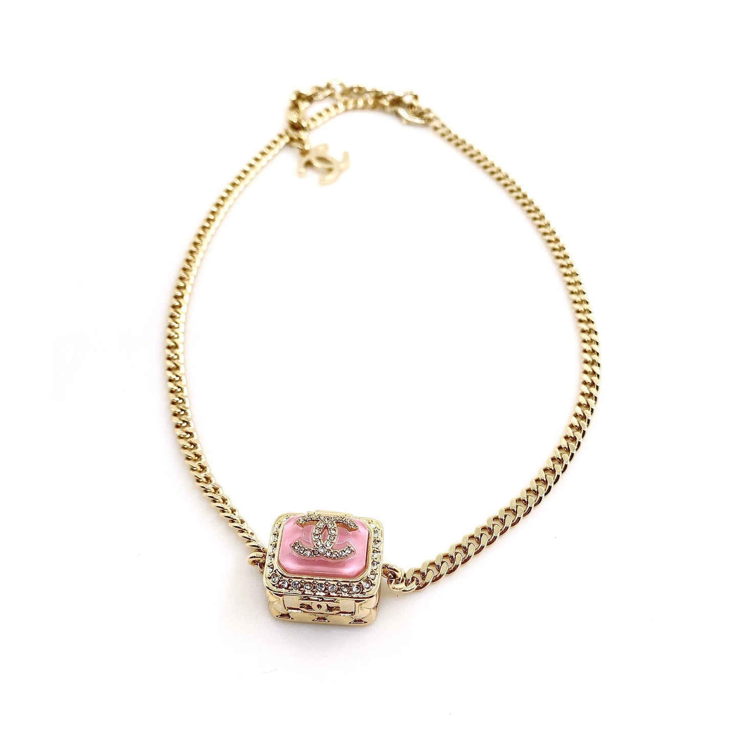 Chanel Pink Resin Chain 18K Gold Necklace