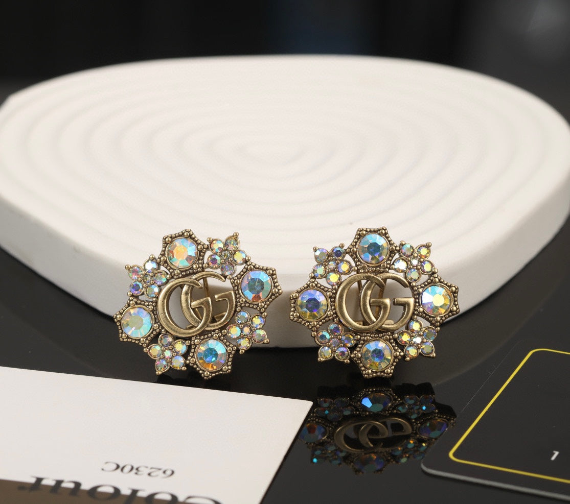 Gucci Double Blue Flowers 18K Gold Earrings