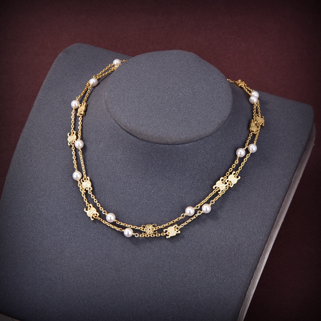 Celine Pearl Double 18K Gold Necklace