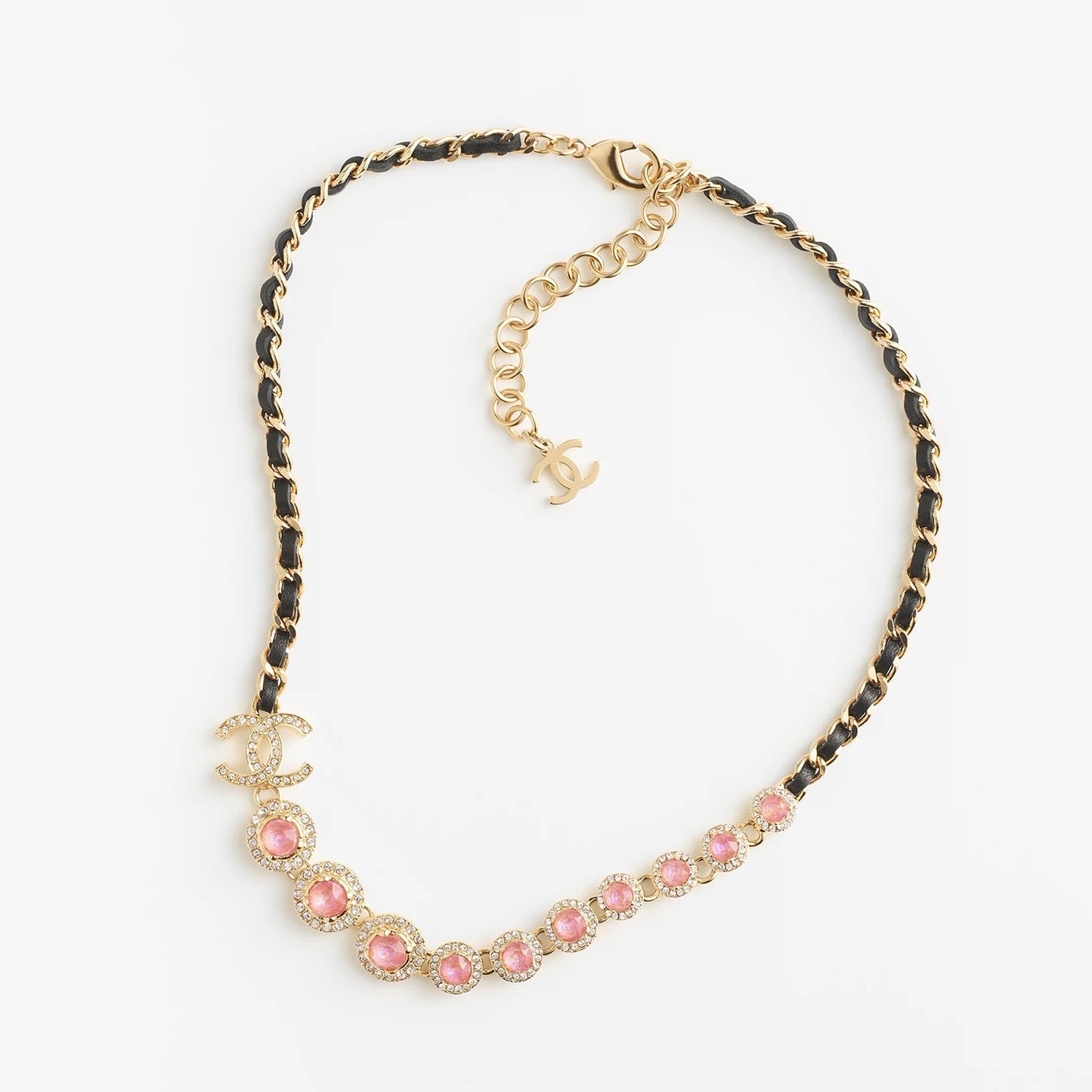 Chanel Pink Crystals Leather 18K Gold Necklace