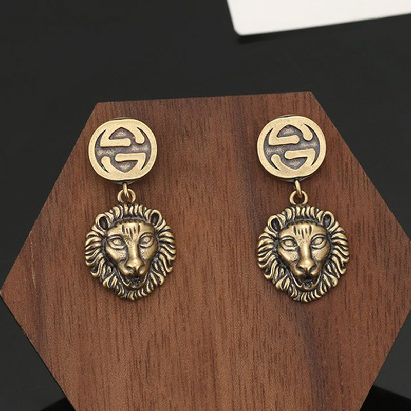 Gucci Double Lion Pendant 18K Gold Earrings