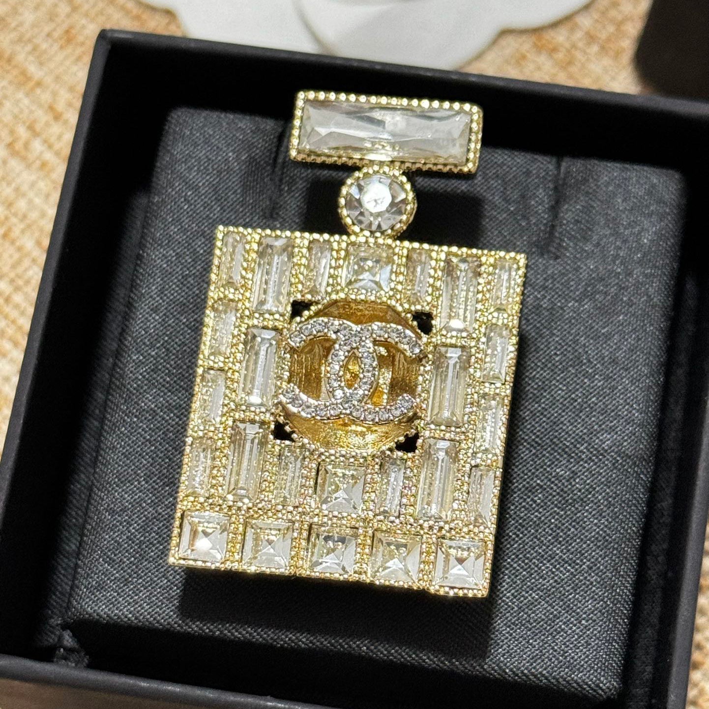 Chanel Perfume Bottle Crystals 18K Gold Brooch