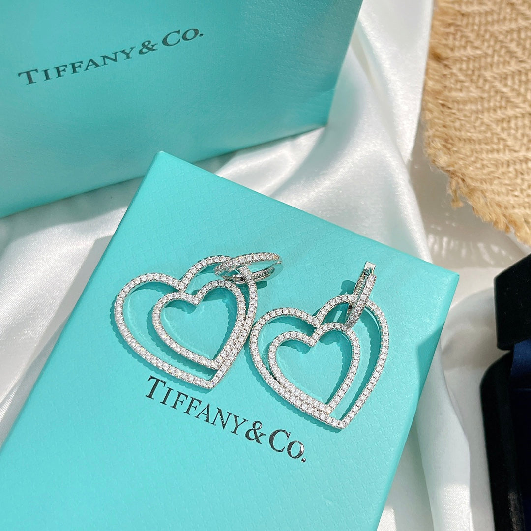 Tiffany Double Heart Diamond 18K Gold Earrings