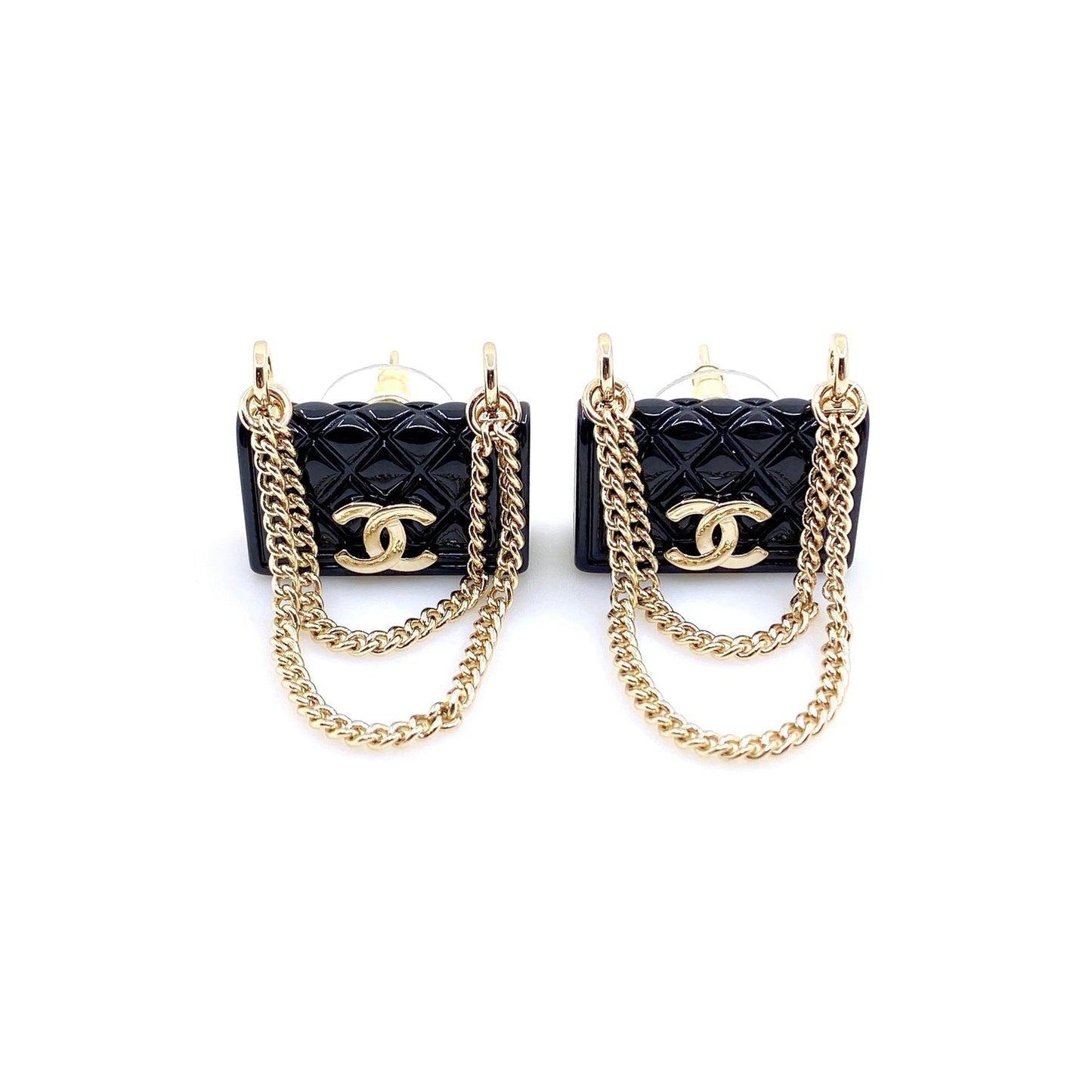 Chanel Black Bag Pendant 18K Gold Earrings