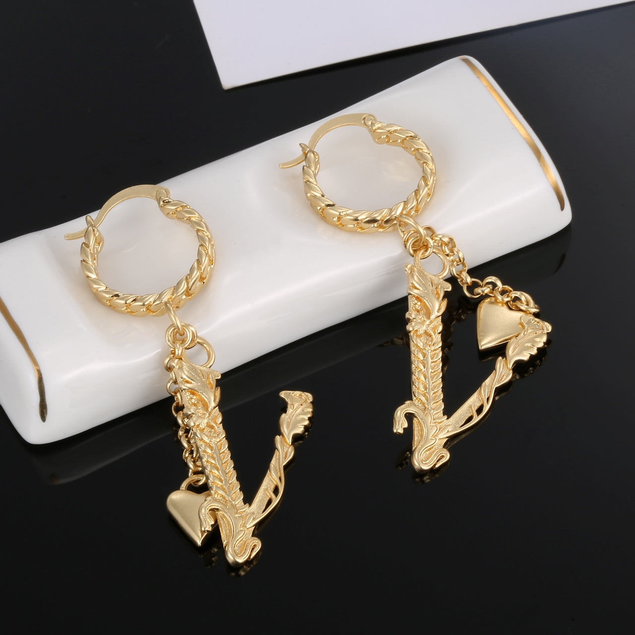 Heart Long 18K Gold Earrings