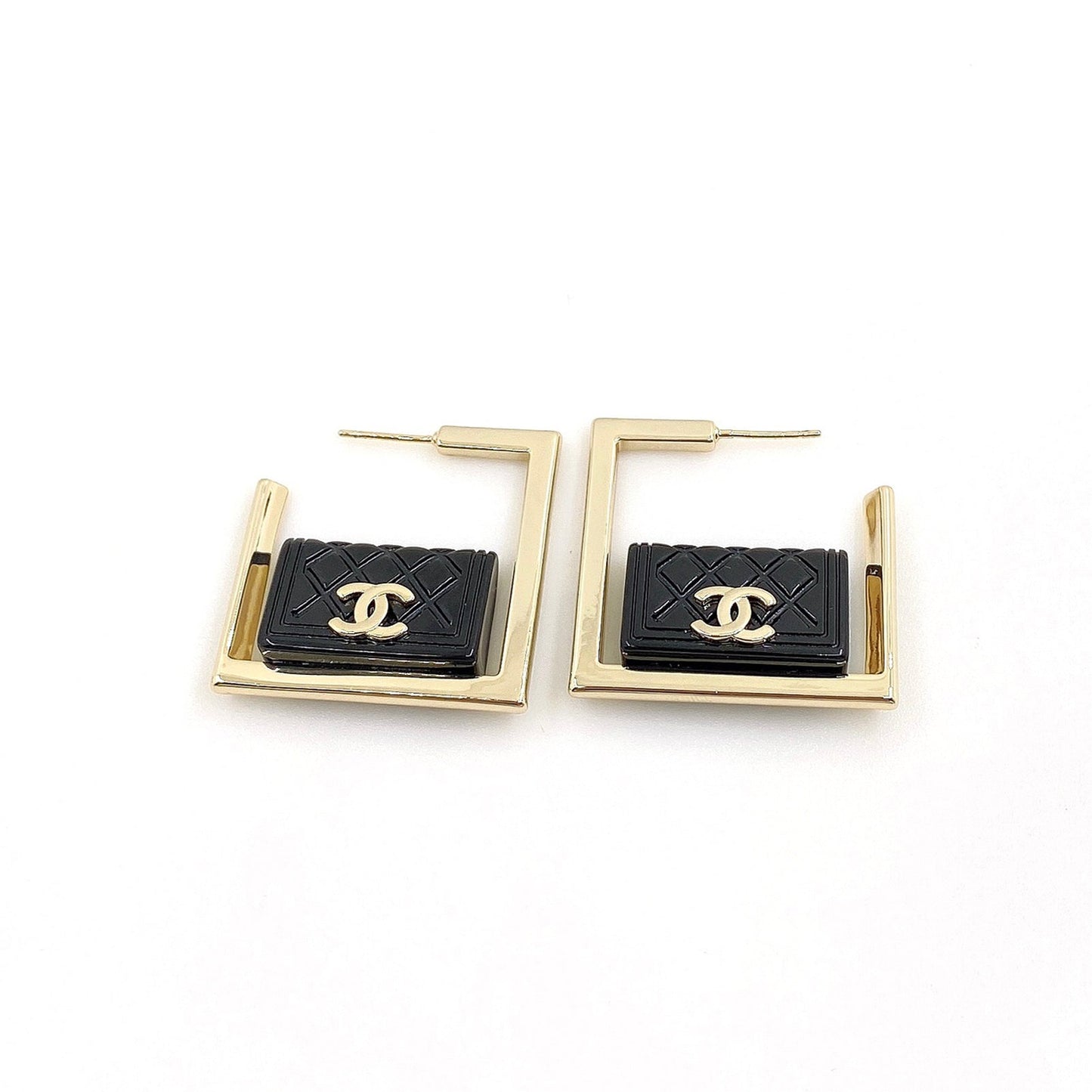 Chanel Black Bag Pendant 18K Gold Earrings