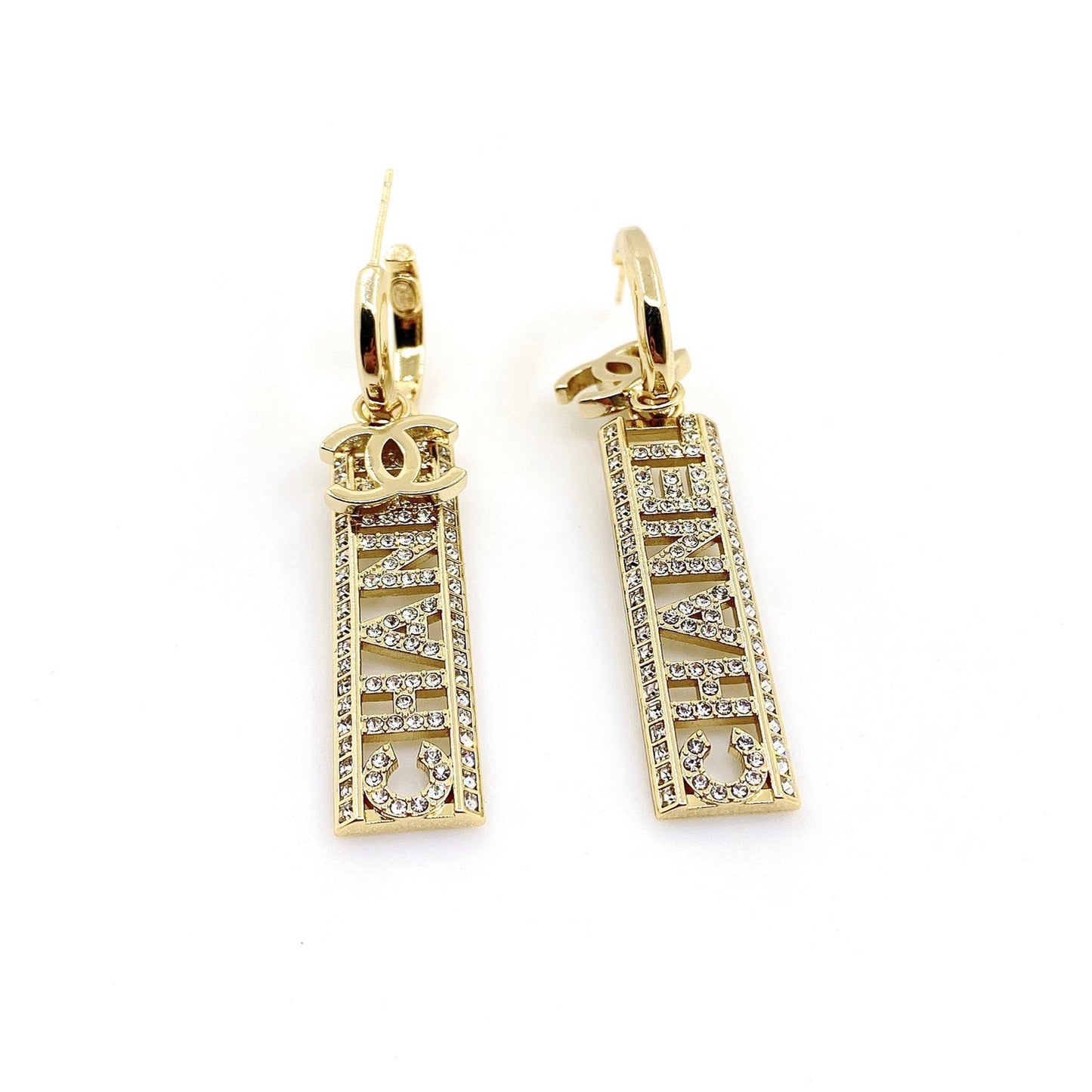 Chanel Crystals Long Letter 18K Gold Earrings