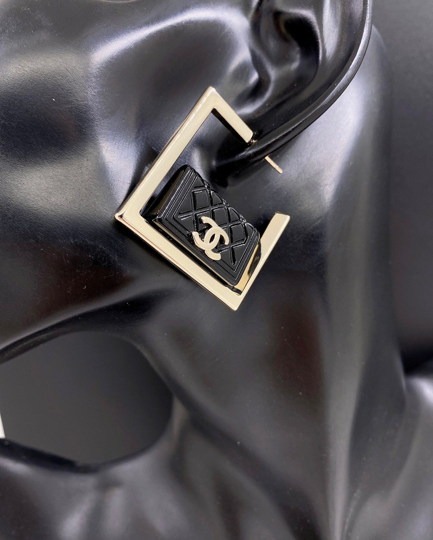 Chanel Black Bag Pendant 18K Gold Earrings