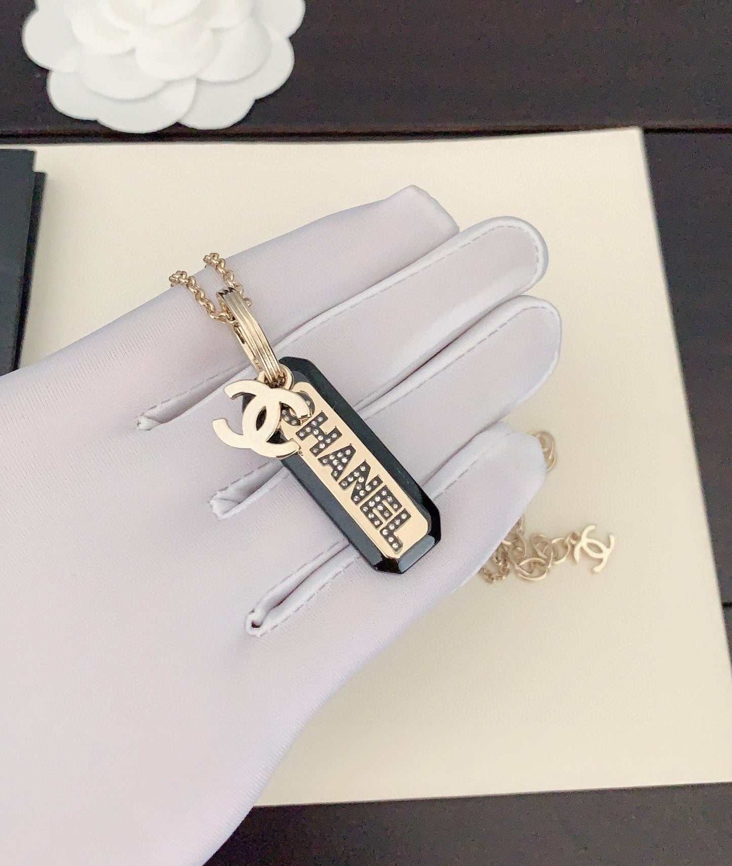 Chanel Black Plate Chain 18K Gold Necklace