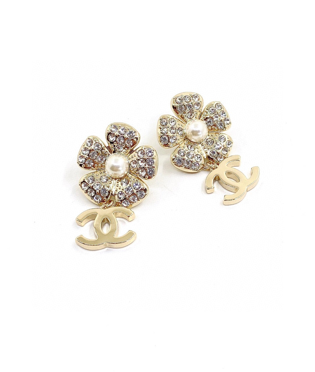 Chanel Flower Full Crystals 18K Gold Earrings
