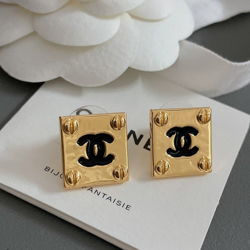 Chanel Black Gold Square 18K Gold Earrings