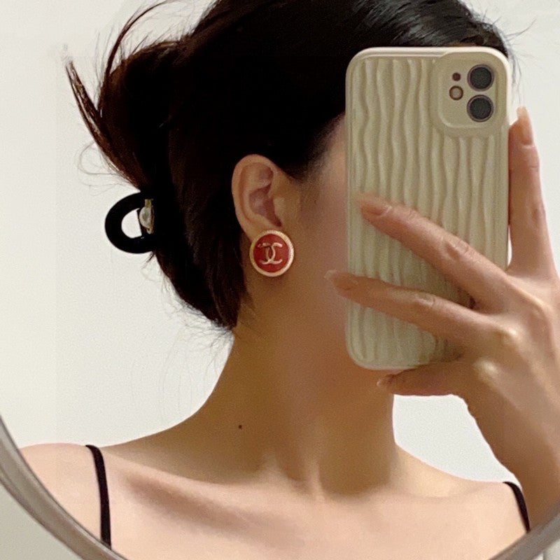Chanel Red Round 18K Gold Earrings