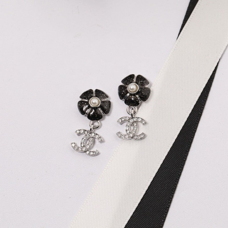 Chanel Black & Pink Camellia Diamond 18K Gold Earrings