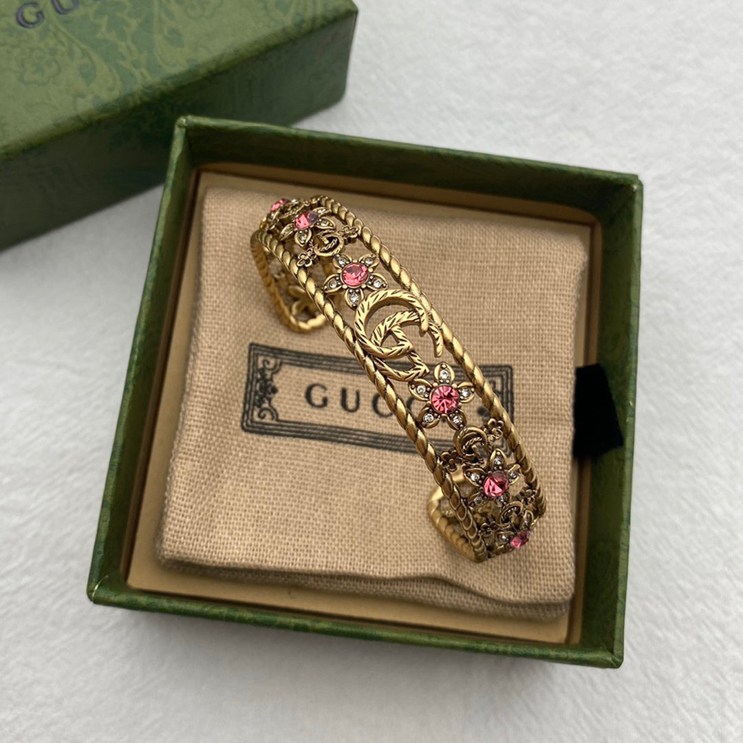 Gucci Double Red Crystal Flower Cuff 18K Gold Bracelet