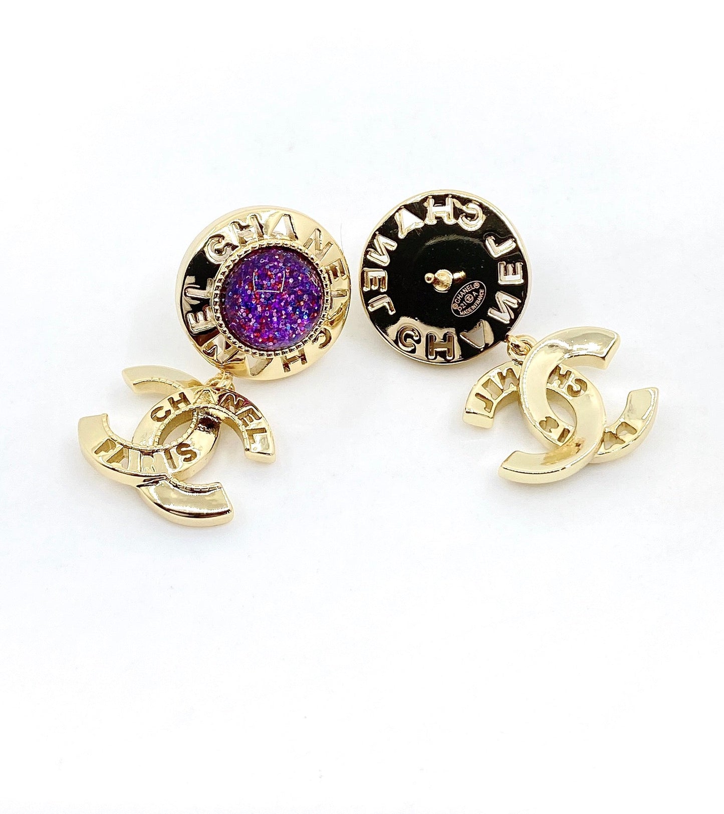 Chanel Purple Crystals 18K Gold Earrings