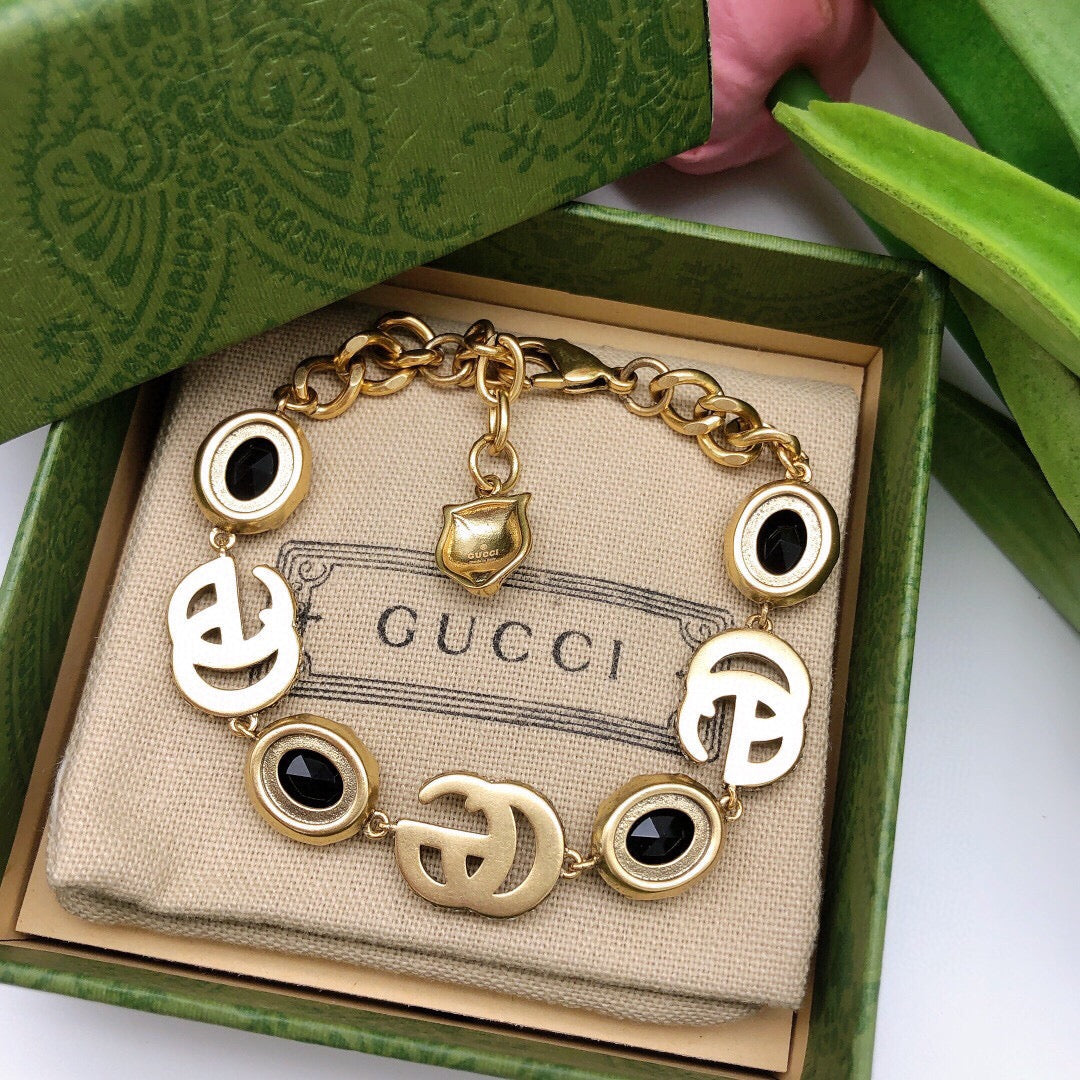 Gucci Double Black Stones Chain 18K Gold Bracelet
