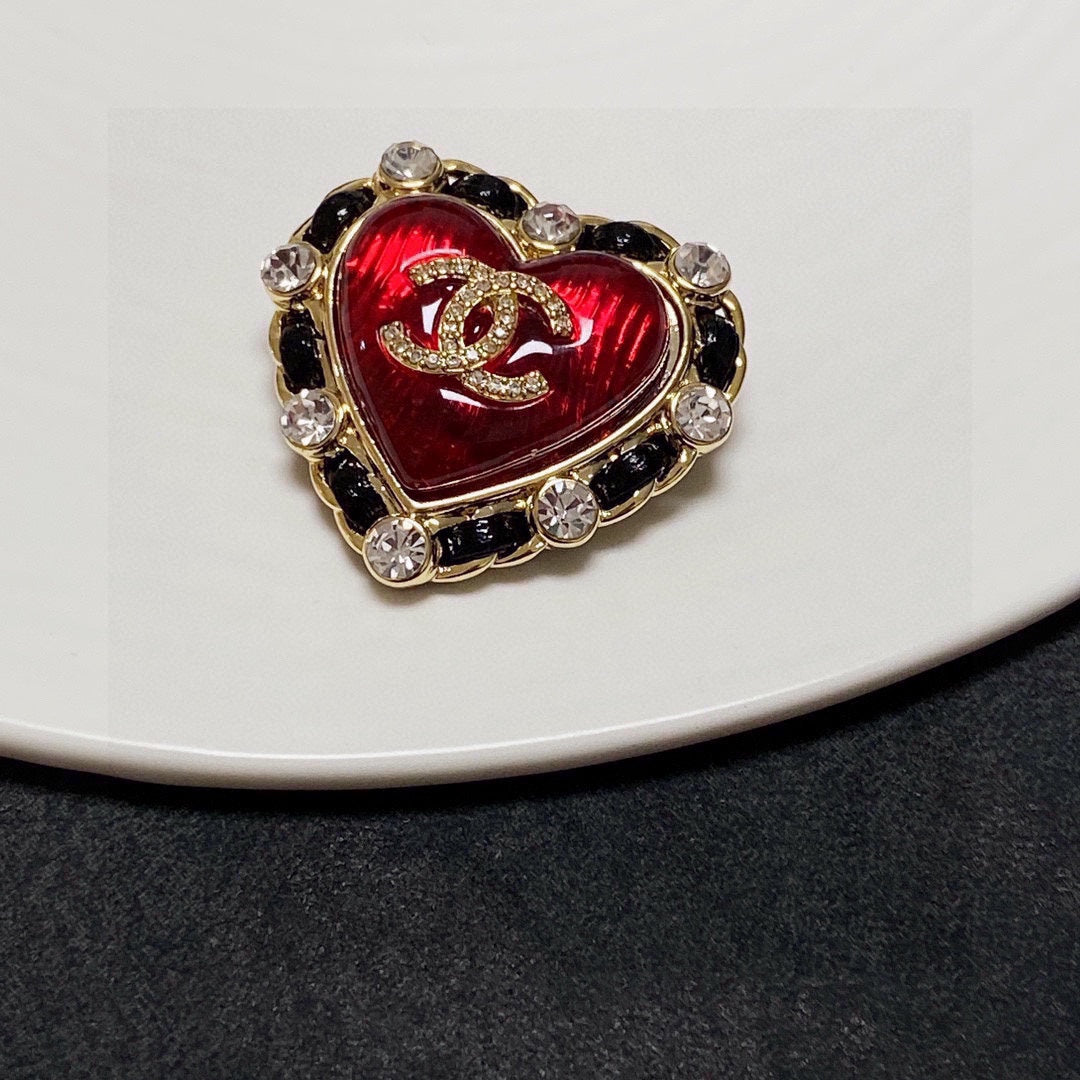 Chanel Red Crystal Heart 18K Gold Brooch