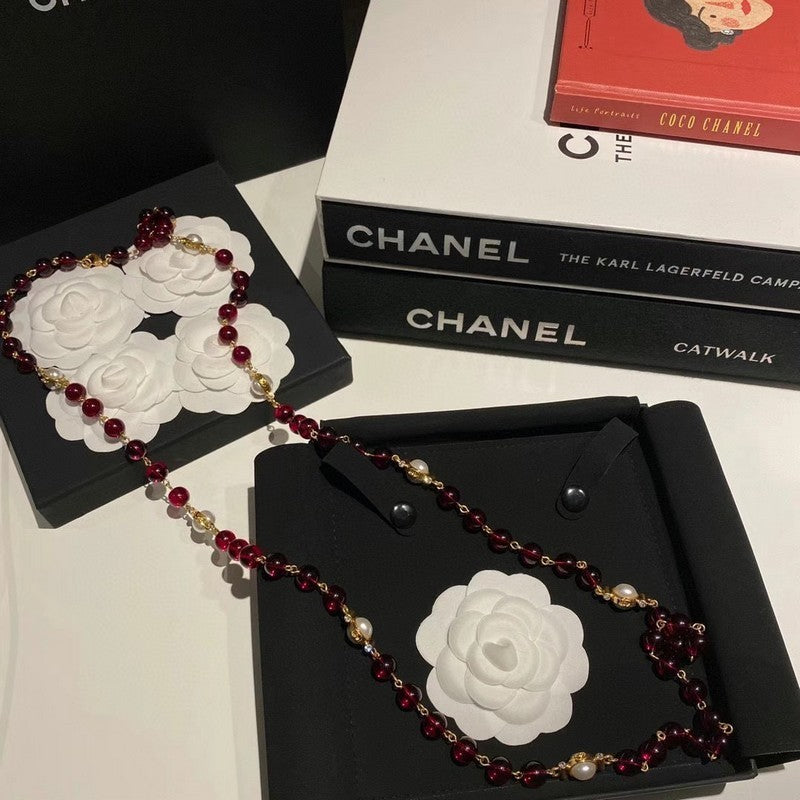 Chanel Long Red & White Pearls 18K Gold Necklace